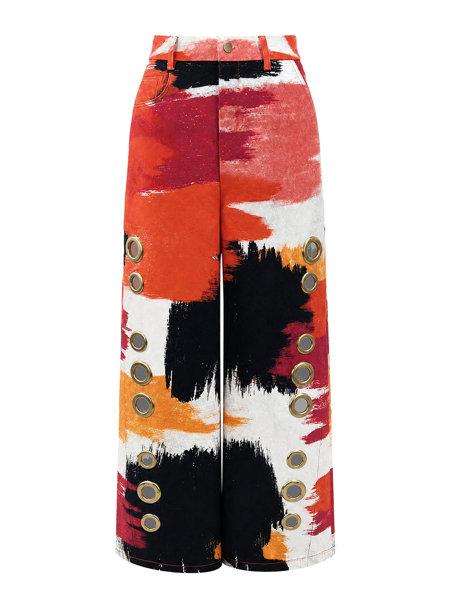 Printed Pockets Hollow Contrast Color Wide Leg High Waisted Trousers Pants