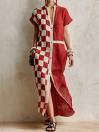 Split-front Split-Joint Pockets Plaid Contrast Color Buttoned Short Sleeves Loose V-neck Maxi Dresses
