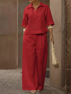 Solid Color Half Sleeves Lapel Blouses&Shirts Tops +  High Waisted Pleated Trousers Pants Two Pieces Set