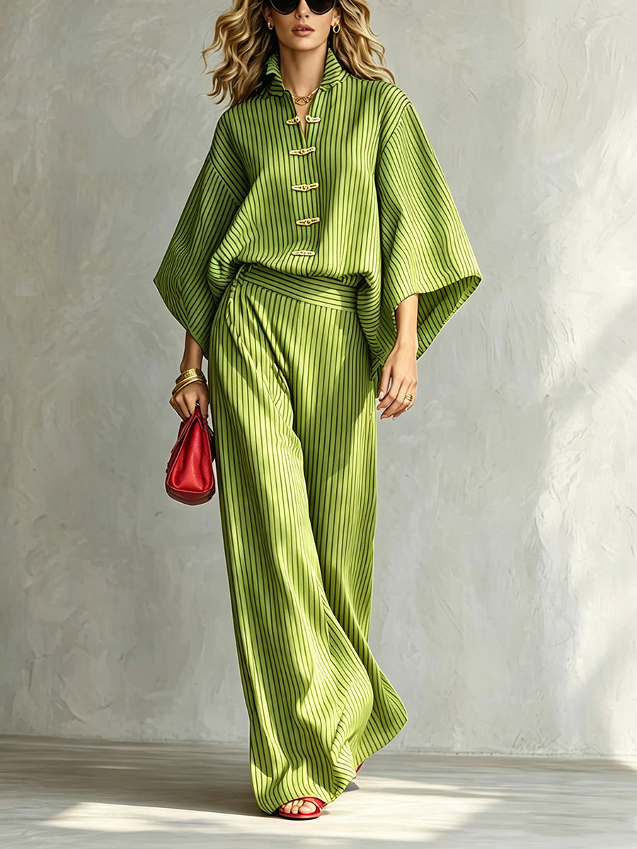 Striped Frog Button Contrast Color Three-quarter Sleeves Batwing Sleeves Stand Collar Blouses&shirts Tops