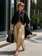 Contrast Color Buttoned Loose Long Sleeves Lapel Blouses&shirts Tops