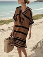 Half Sleeves Loose Contrast Color Split-Joint V-Neck Midi Dresses