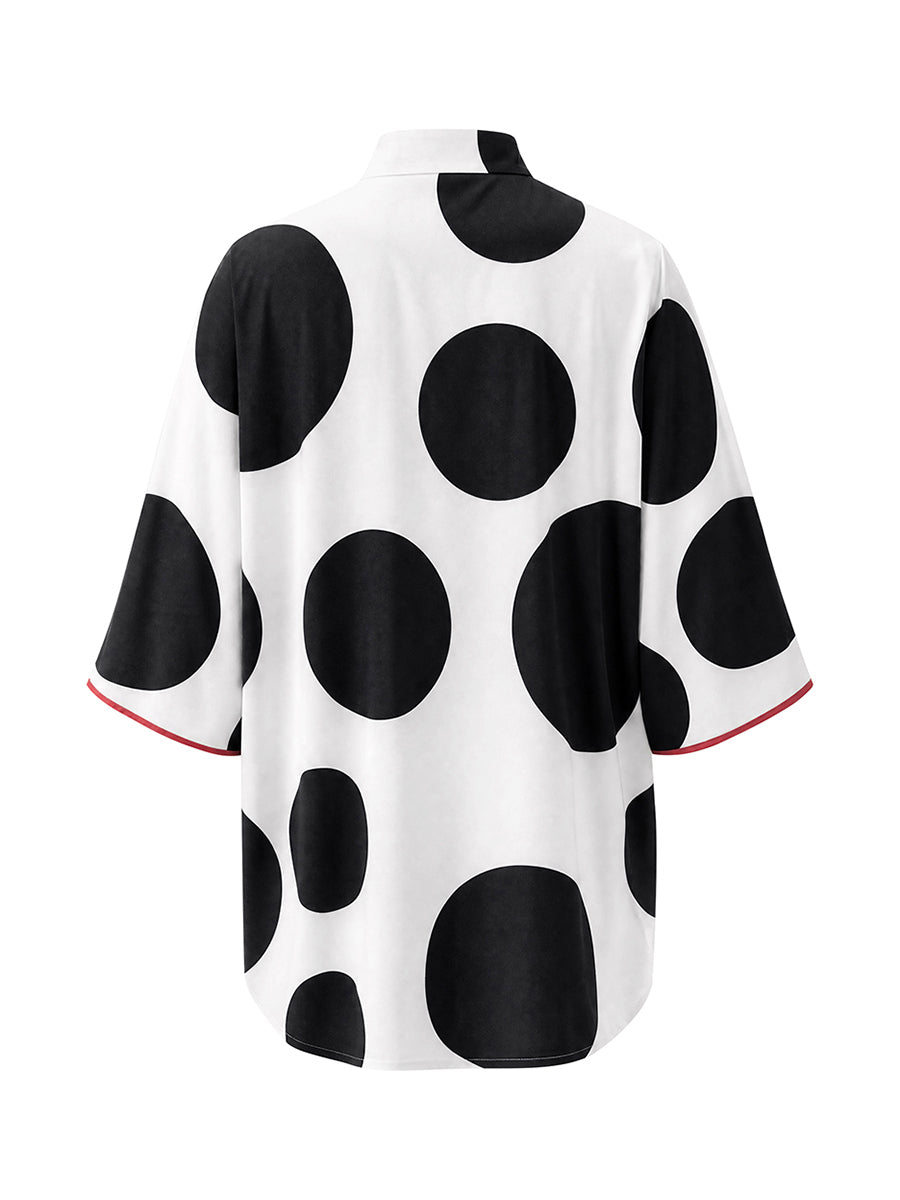 Polka-Dot Contrast Color Three-quarter Sleeves Loose Stand Collar Blouses&shirts Tops