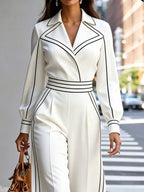 High Waisted Long Sleeves Contrast Color Pleated Pockets Notched Collar Jumpsuits