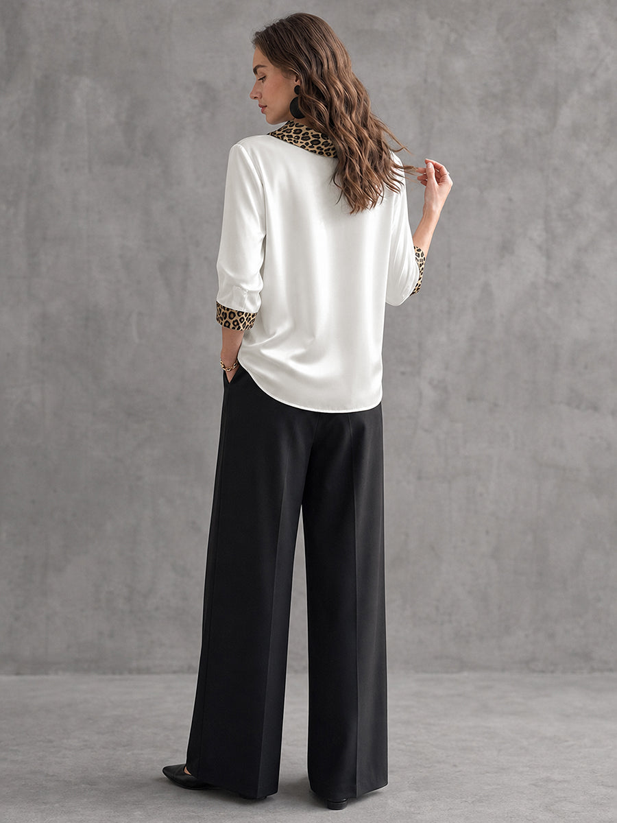 Split-Joint Leopard Contrast Color Three-quarter Sleeves Loose Heaps Collar Blouses&shirts Tops