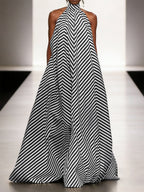 A-Line Loose Backless Contrast Color Elasticity Pockets Halter-Neck Maxi Dresses
