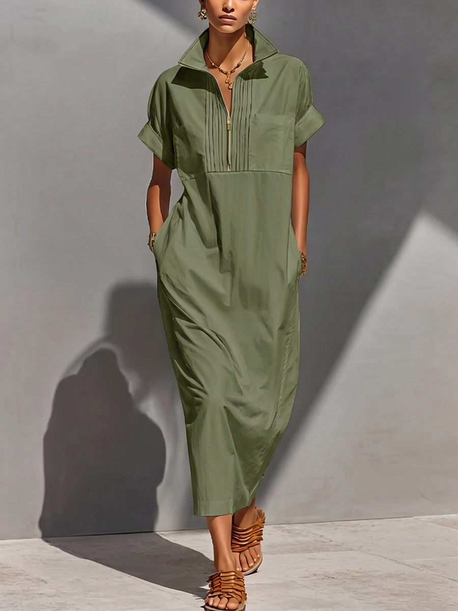 Zipper Solid Color Pockets Sleeveless High Waisted V-neck Maxi Dresses