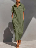 Zipper Solid Color Pockets Sleeveless High Waisted V-neck Maxi Dresses