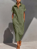 Zipper Solid Color Pockets Sleeveless High Waisted V-neck Maxi Dresses