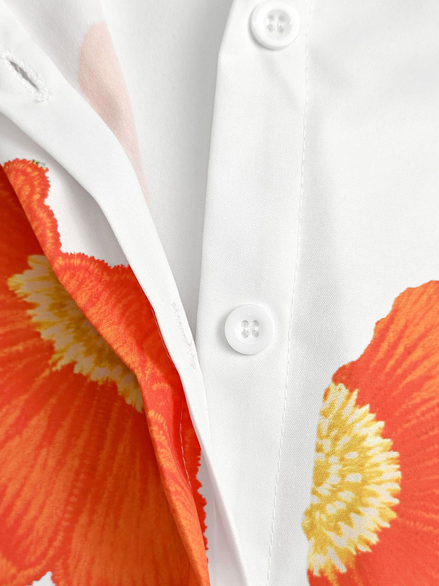 Long Sleeves Loose Buttoned Contrast Color Flower Print Lapel Blouses&Shirts Tops