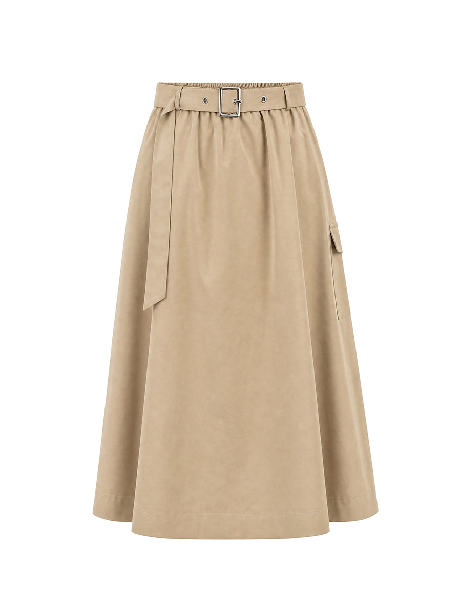 Solid Color Pockets Elasticity Belted Loose A-line Skirts