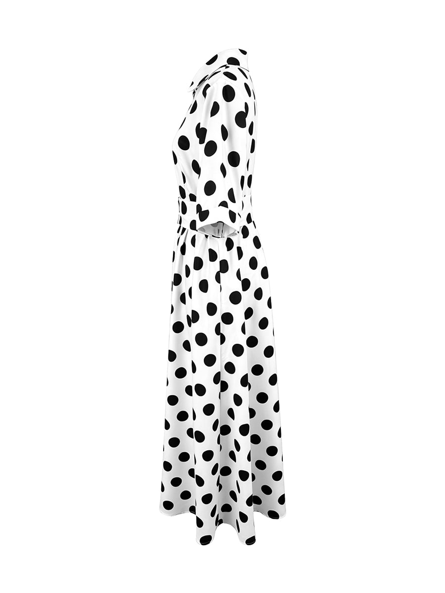 A-Line Half Sleeves Buttoned Contrast Color Elasticity Polka Dot Lapel Maxi Dresses Shirt Dress