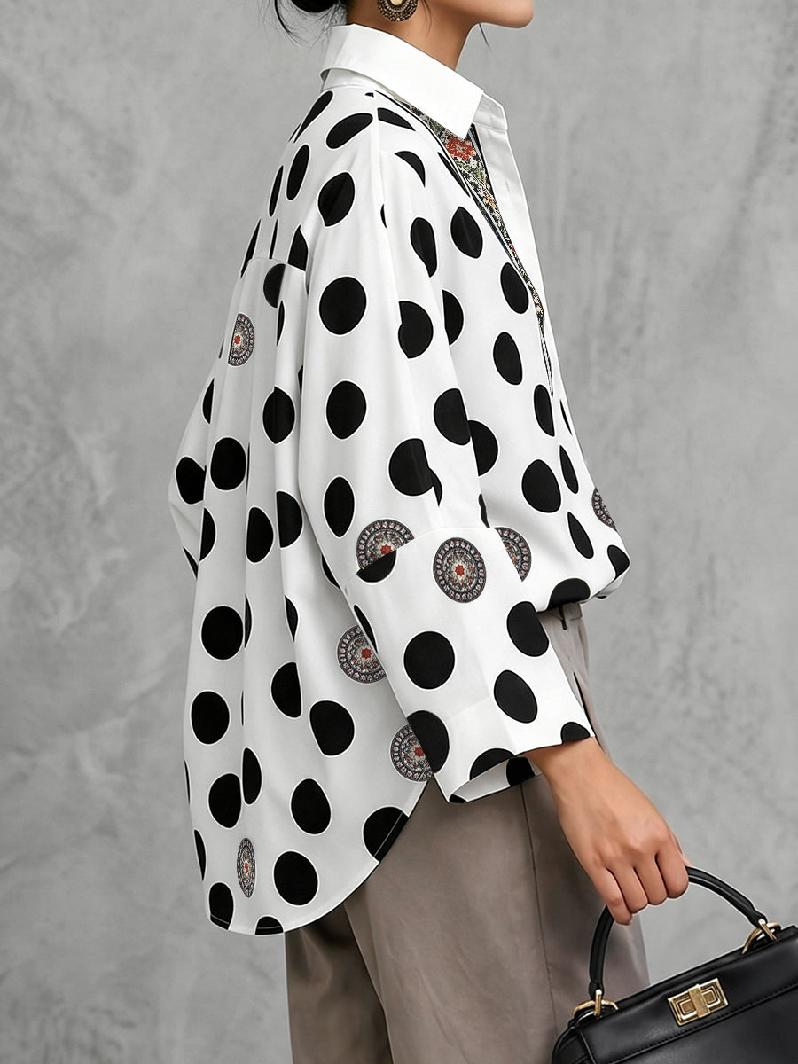 Long Sleeves Loose Buttoned Polka Dot Printed V-Neck Blouses&Shirts Tops