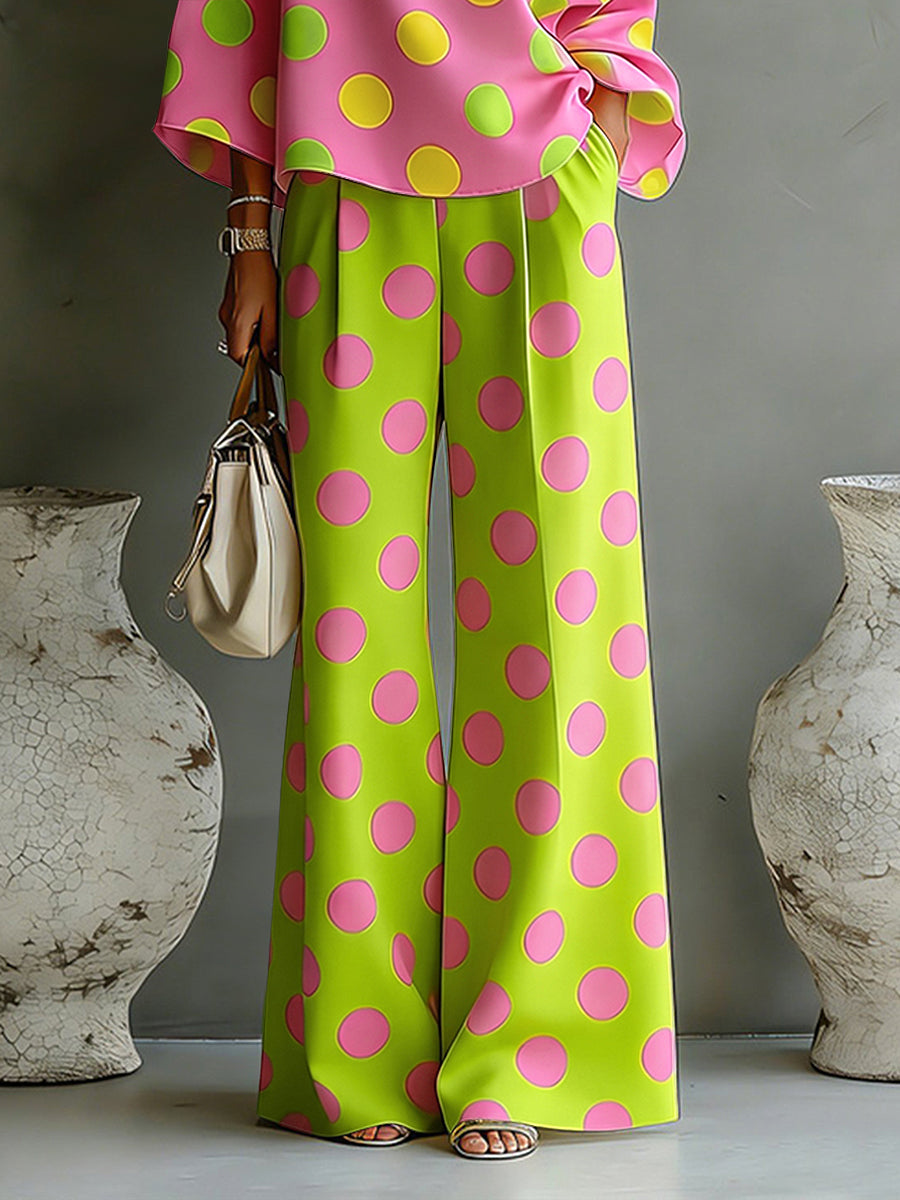 Loose Wide Leg Buttoned Pockets Polka-Dot Pants Trousers