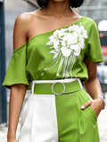 Short Sleeves Contrast Color Flower Print One-Shoulder Blouses&Shirts Tops