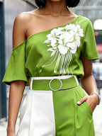 Short Sleeves Contrast Color Flower Print One-Shoulder Blouses&Shirts Tops