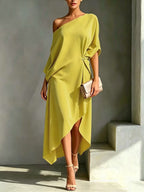 Solid Color Buttoned Backless Asymmetric Loose High-low One-shoulder Maxi Dresses