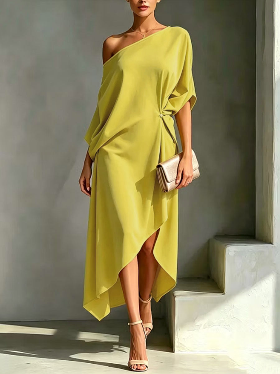 Solid Color Buttoned Backless Asymmetric Loose High-low One-shoulder Maxi Dresses