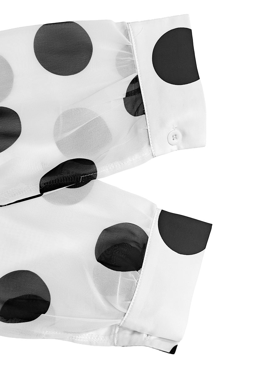 Long Sleeves Loose Buttoned Polka-Dot Printed Lapel Blouses&Shirts Tops