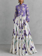 Split-Joint Ruched Pockets Flower Print Contrast Color Buttoned Loose Long Sleeves Stand Collar Maxi Dresses