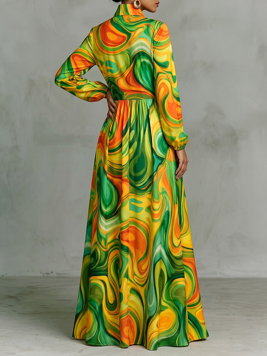 Printed Pockets Pleated Contrast Color Loose Long Sleeves Stand Collar Maxi Dresses