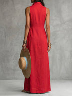 A-Line High Waisted Buttoned Pockets Solid Color Lapel Maxi Dresses Shirt Dress