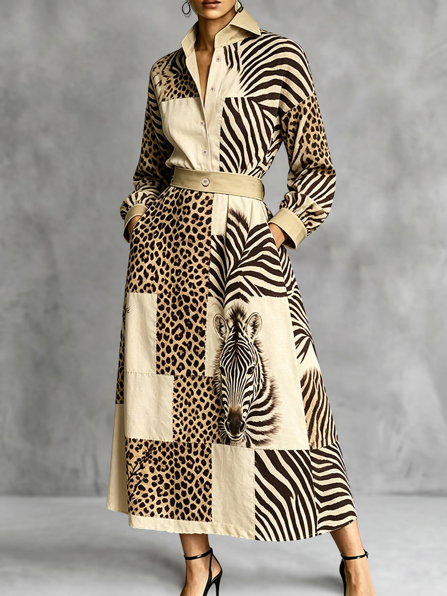 Zebra Printed Split-Joint Pockets Leopard Elasticity Contrast Color Buttoned Long Sleeves High Waisted Lapel Maxi Dresses
