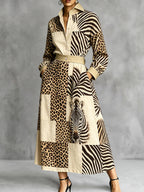 Zebra Printed Split-Joint Pockets Leopard Elasticity Contrast Color Buttoned Long Sleeves High Waisted Lapel Maxi Dresses