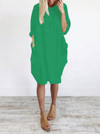 Long Sleeves Loose Pockets Solid Color Round-Neck Mini Dresses