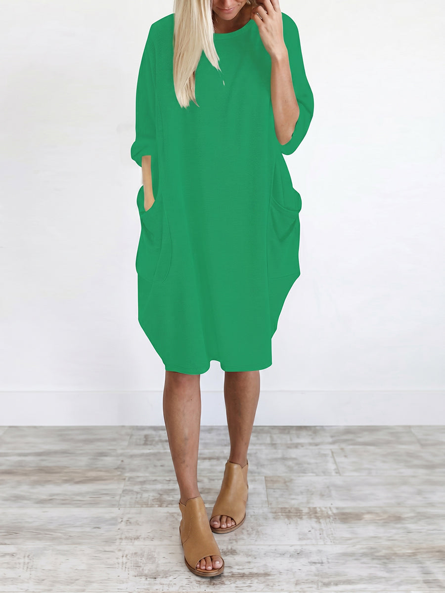 Long Sleeves Loose Pockets Solid Color Round-Neck Mini Dresses