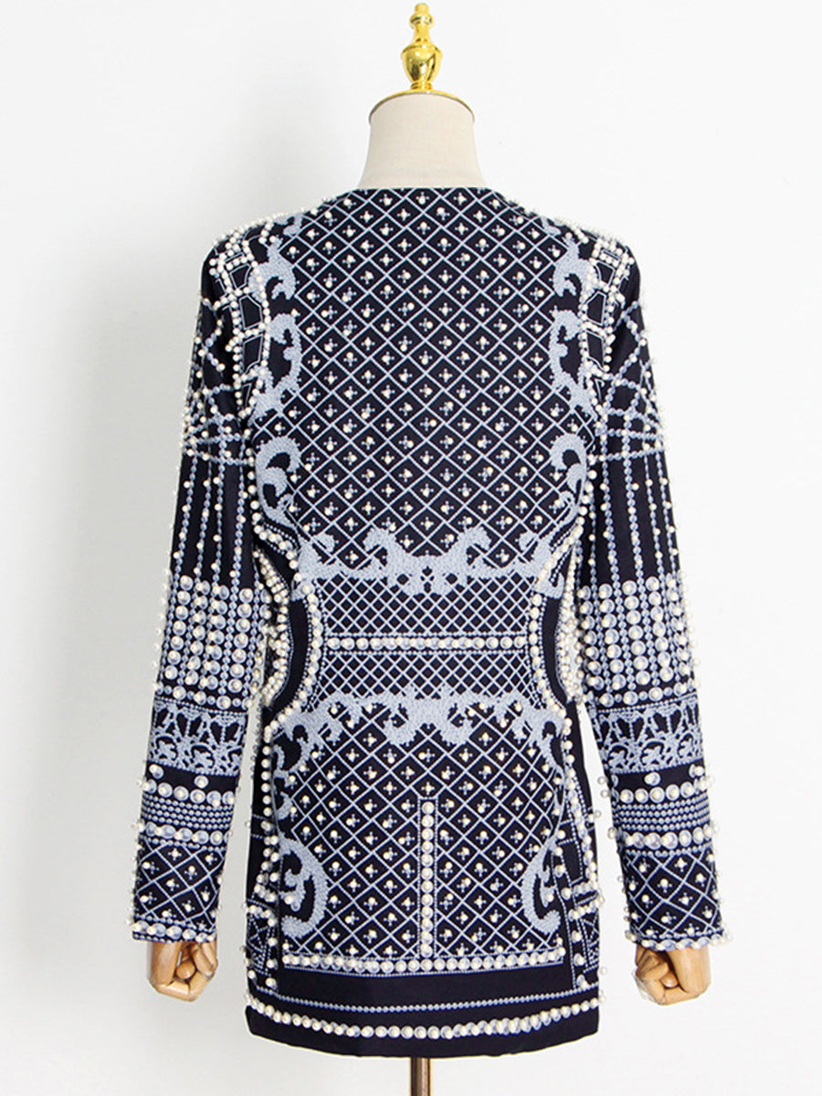 Long Sleeves Loose Beads Printed V-Neck Blazer Outerwear(Size is larger than normal.)