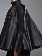 A-line Long Sleeves Big Hemline Solid Color Stand Collar Leather Top