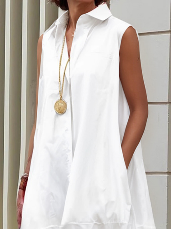 Loose Sleeveless Buttoned Solid Color Lapel Midi Dresses Shirt Dress