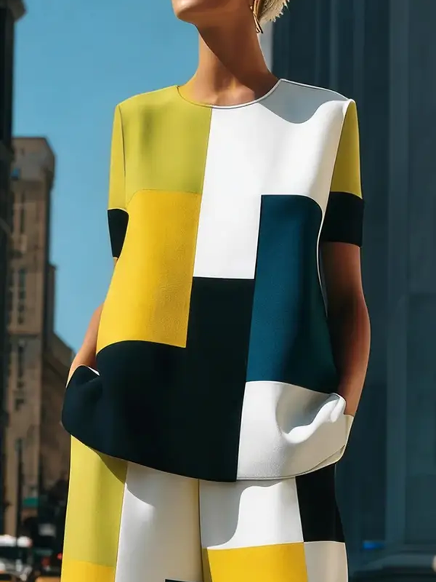 Loose Short Sleeves Buttoned Contrast Color Split-Joint Round-Neck Blouses&Shirts Tops