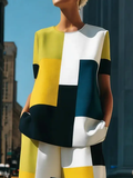 Loose Short Sleeves Buttoned Contrast Color Split-Joint Round-Neck Blouses&Shirts Tops