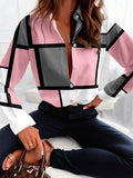 Long Sleeves Loose Buttoned Contrast Color Plaid Lapel Blouses&Shirts Tops