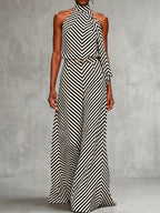 High Waisted Loose Buckle Contrast Color Elasticity Striped Pants Trousers