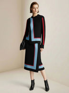 Irregularity Long Sleeves Abstract Printed Asymmetric Contrast Color Ribs Split-Joint Round-Neck Sweater Tops