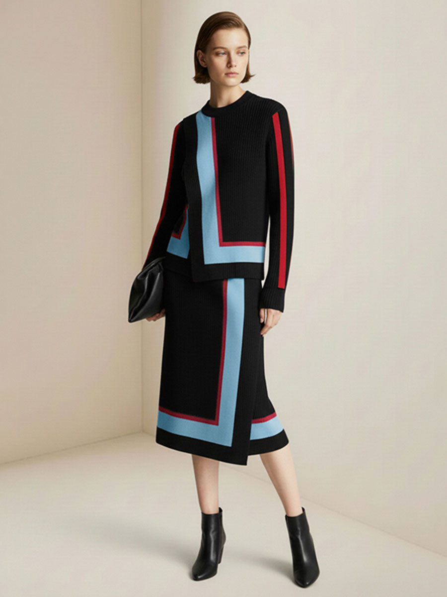 Irregularity Long Sleeves Abstract Printed Asymmetric Contrast Color Ribs Split-Joint Round-Neck Sweater Tops