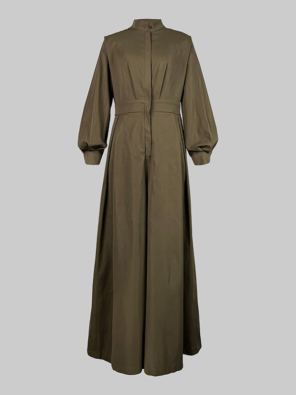 Solid Color No Belt Buttoned Wide Leg Loose V-neck Jumpsuits