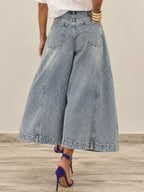Zipper Solid Color Pockets Buttoned Wide Leg Loose Jean Pants Bottoms
