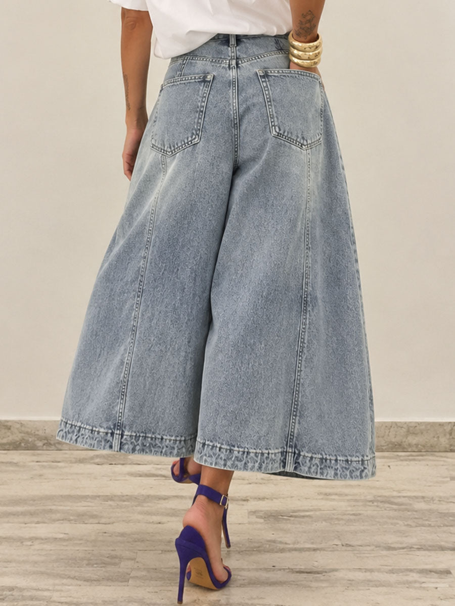 Zipper Solid Color Pockets Buttoned Wide Leg Loose Jean Pants Bottoms