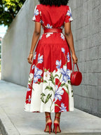 High Waisted Loose Buttoned Contrast Color Flower Print No Belt Pleated Split-Joint Lapel Maxi Dresses Shirt Dress