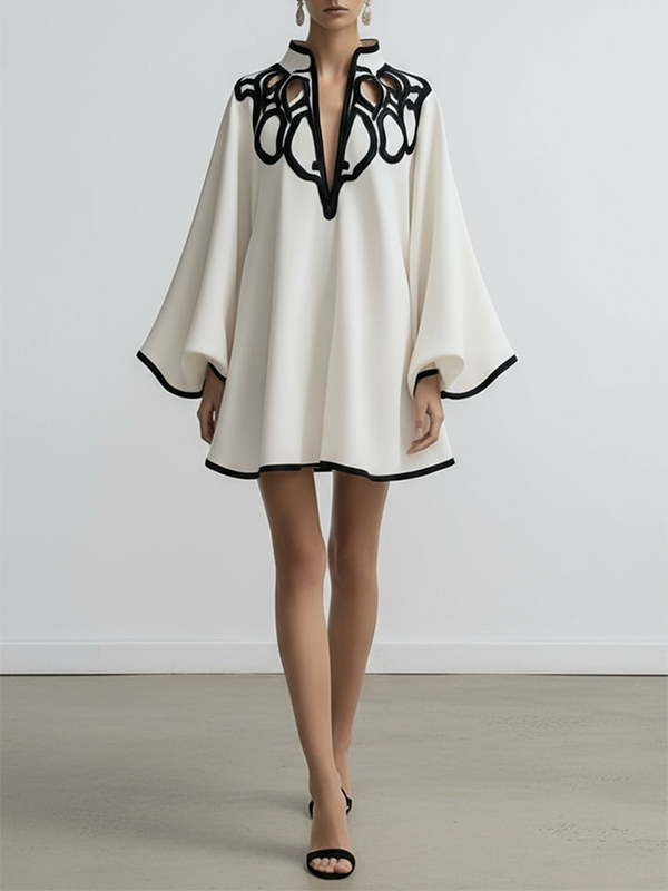 Flared Sleeves Loose Contrast Color Hollow Stand Collar Mini Dresses