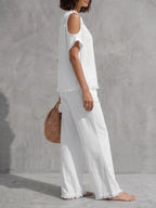 Fringed Cold Shoulder Half-Zip Solid Color Short Sleeve Blouses&Shirts Tops +  Pants Bottoms Trousers Two Pieces Set