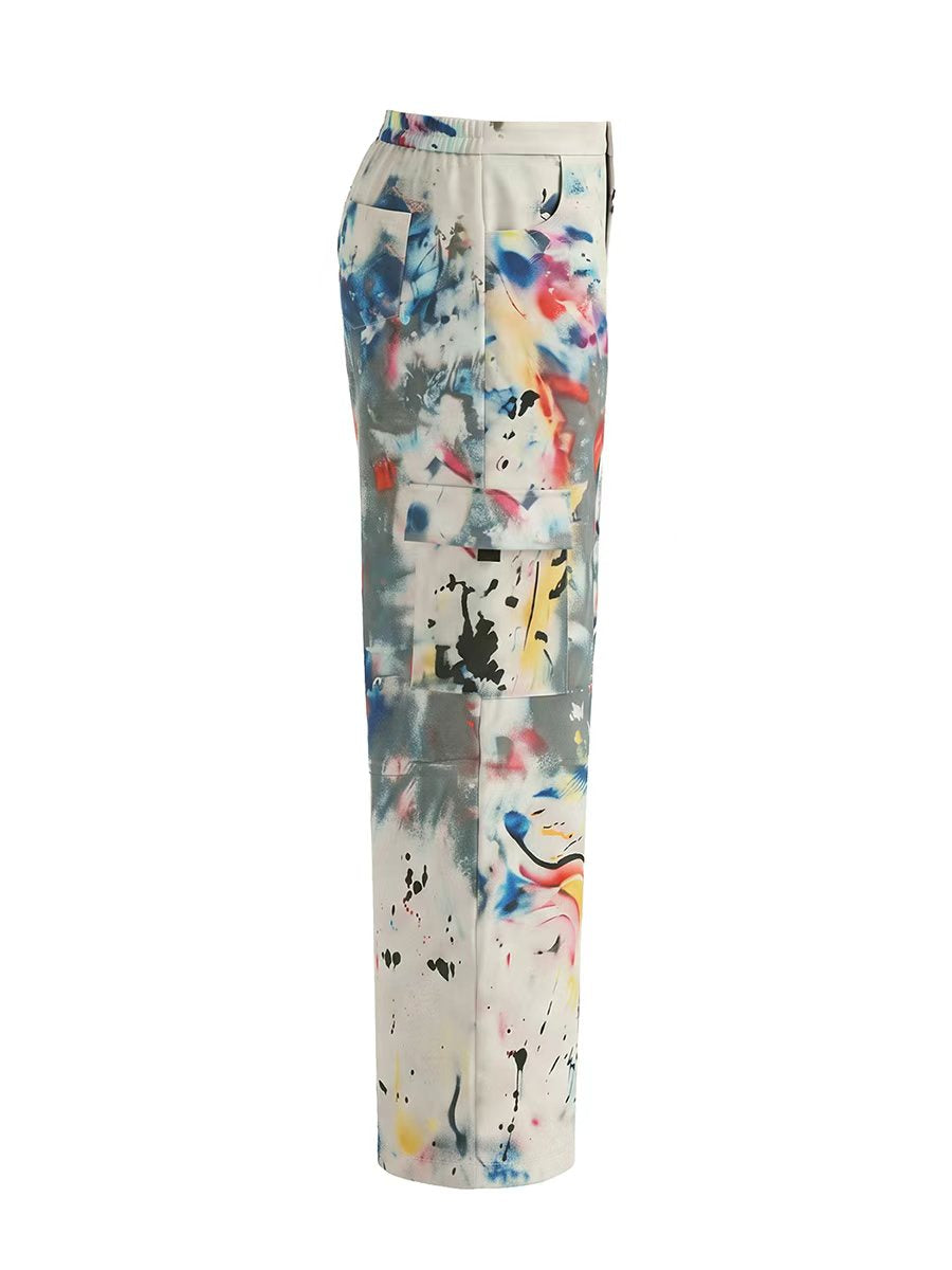 Pockets Graffiti Printed Contrast Color Buttoned Wide Leg High Waisted Trousers Pants