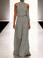 Sleeveless Contrast Color Draped Striped Halter-Neck Blouses&Shirts Tops