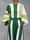 Striped Contrast Color Loose Long Sleeves Round-neck Blouses&shirts Tops