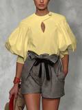 Split-Joint Solid Color Hollow Buttoned Puff Sleeves Half Sleeves Round-neck Blouses&shirts Tops