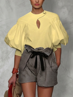 Split-Joint Solid Color Hollow Buttoned Puff Sleeves Half Sleeves Round-neck Blouses&shirts Tops